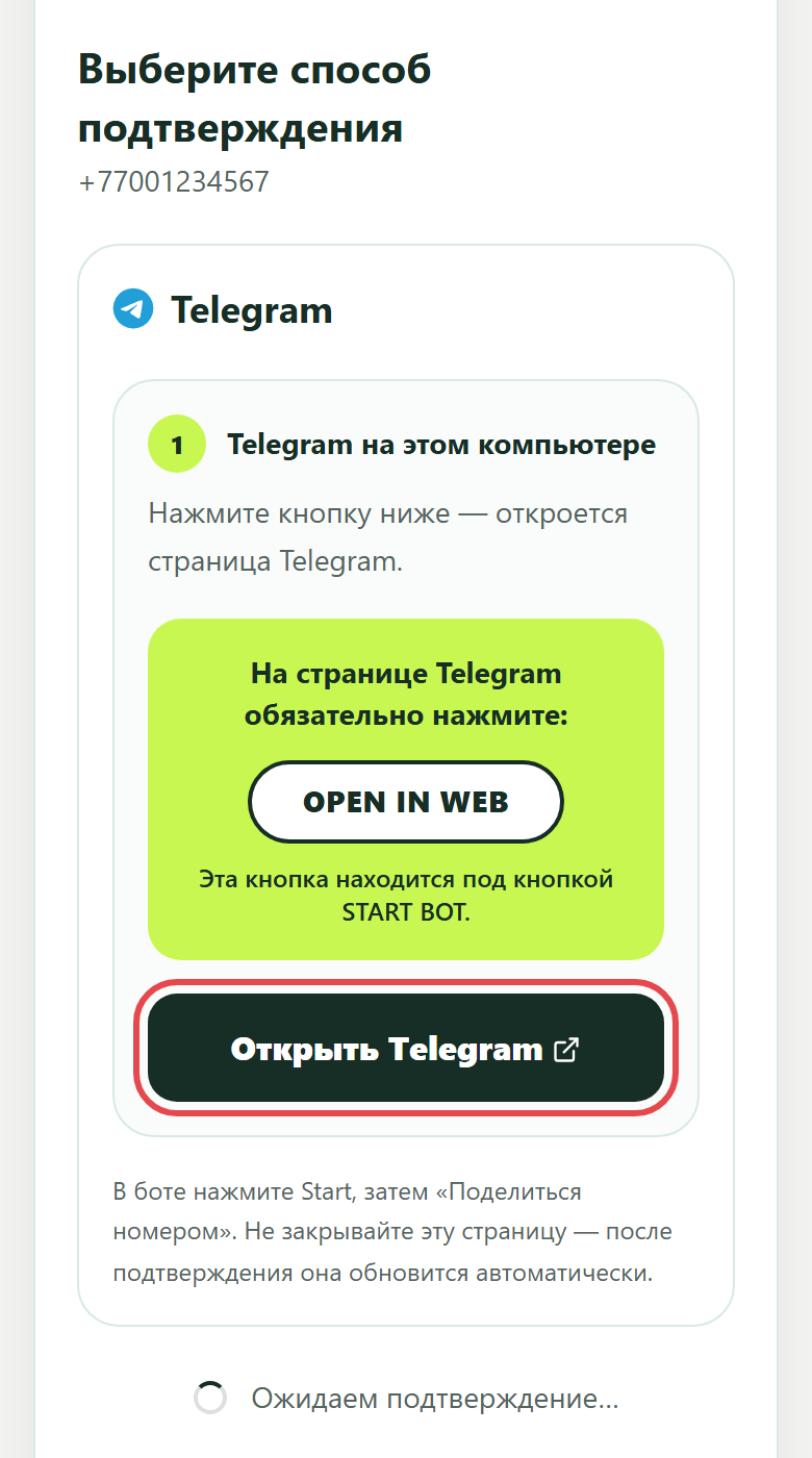 Выбор способа подтверждения: кнопка «Открыть Telegram»
