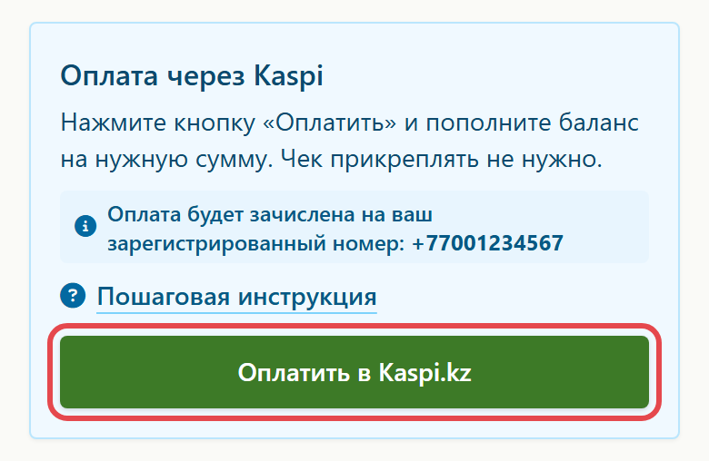 Блок «Оплата через Kaspi» и кнопка «Оплатить в Kaspi.kz»